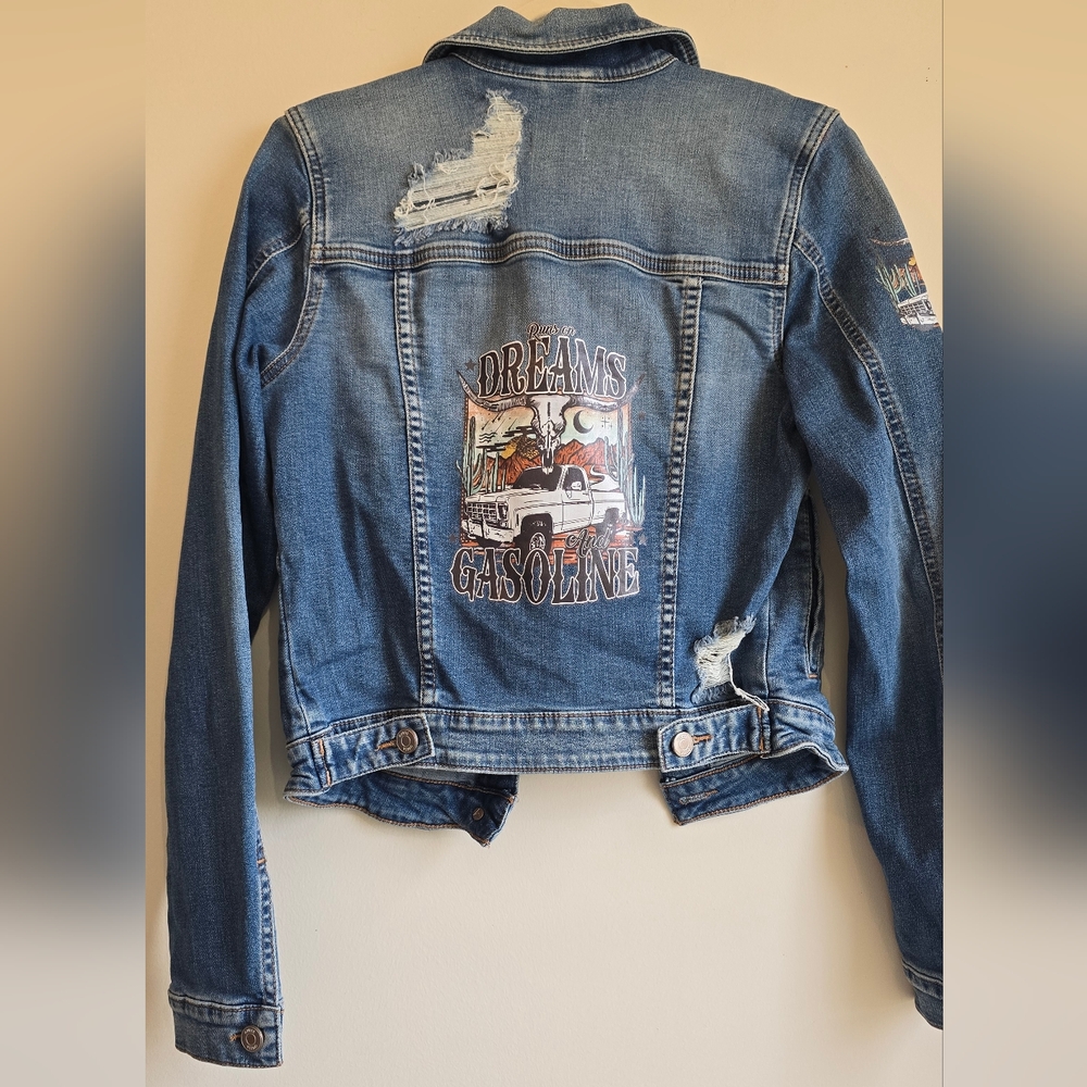 CUSTOM Upcycled Guess Distressed Denim Jacket Size S